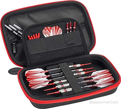Casemaster Sentinel 6 dartfodral, rymmer extra tillbehör, spetsar, axlar och flygningar, kompatibel med stålspets mjuka spetspilar, slag vattenbeständigt tactech skal, röd dragkedja 719265553595
