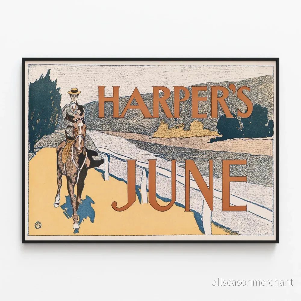 Vintageaffisch Harper’s juni med ryttare på häst Vintageaffisch Harper’s juni med ryttare på häst