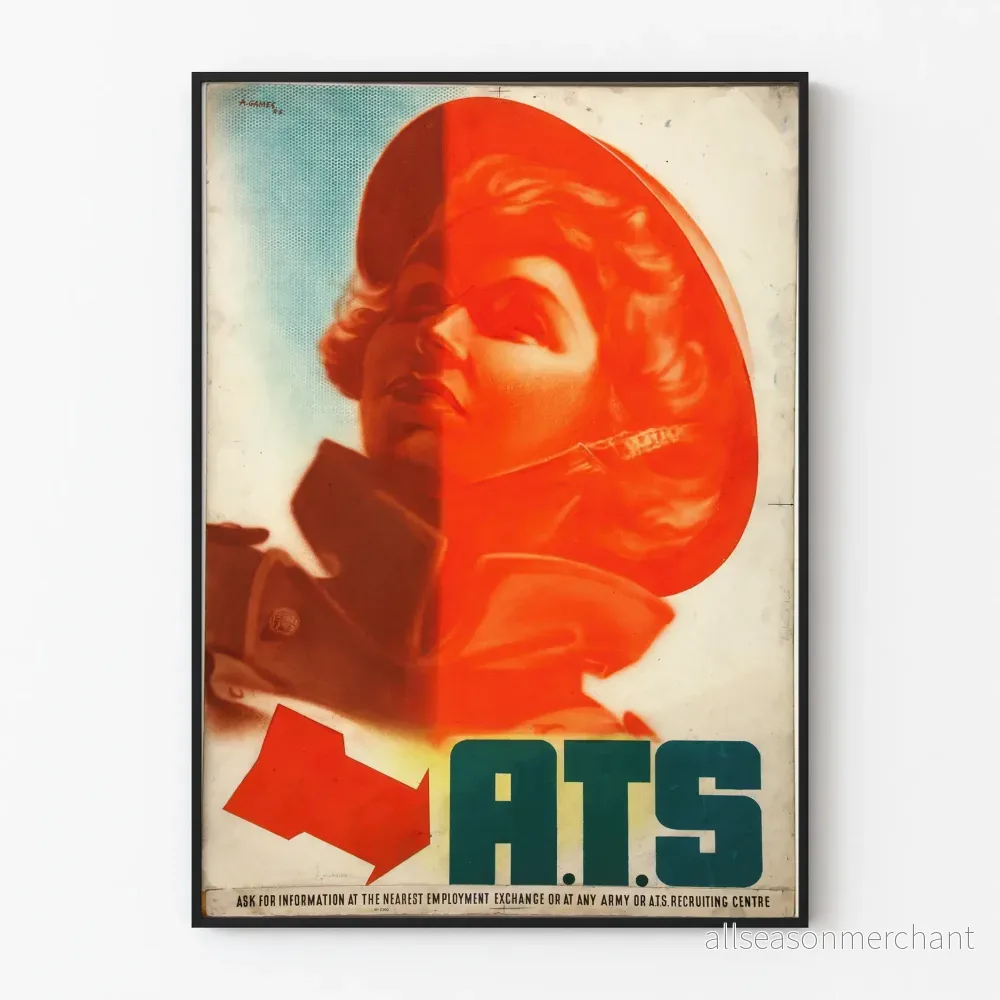 Vintageposter A.T.S. med kvinnoporträtt i röd hjälm