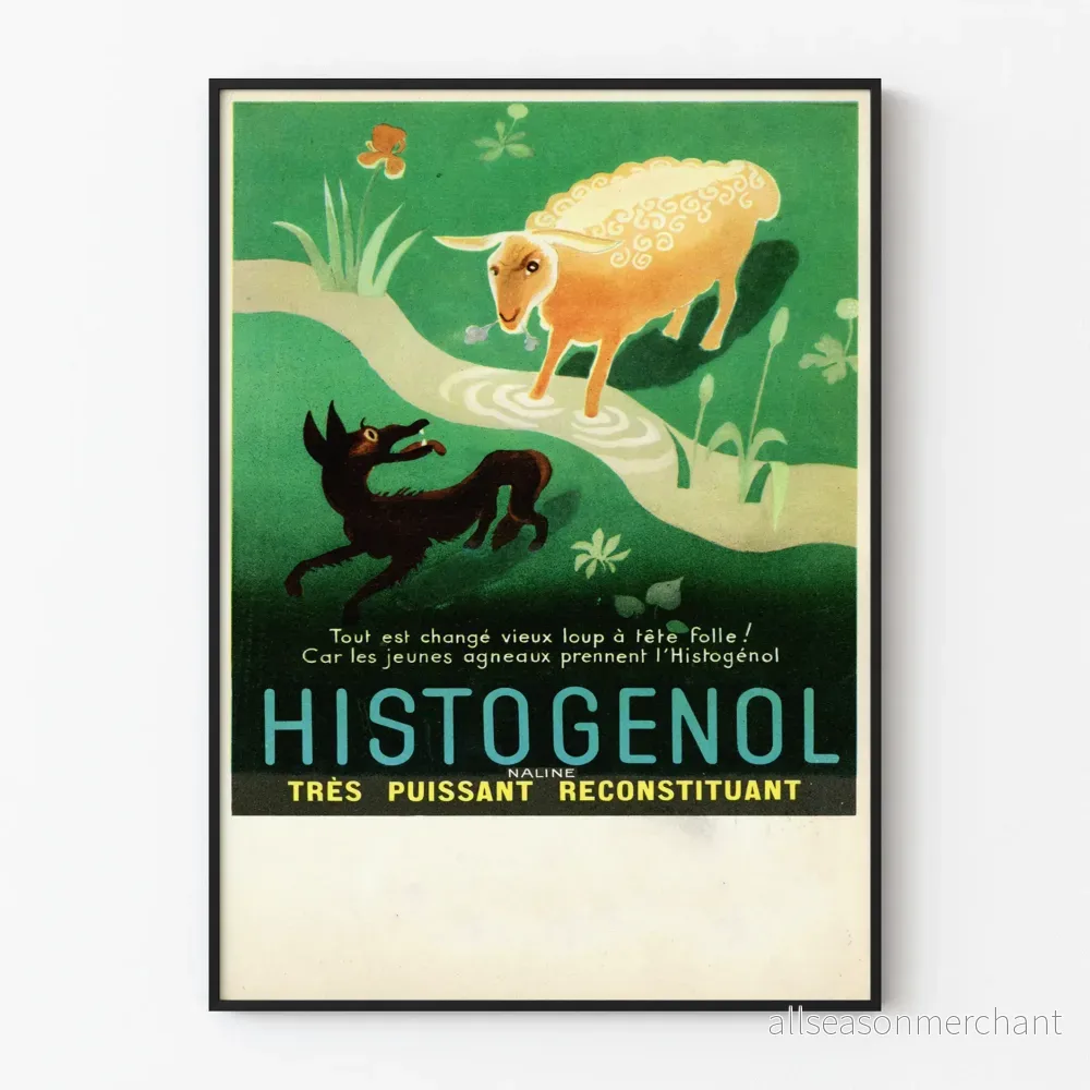 Vintageposter Histogenol – Illustrerad väggdekoration med lamm och varg Vintageposter Histogenol – Illustrerad väggdekoration med lamm och varg