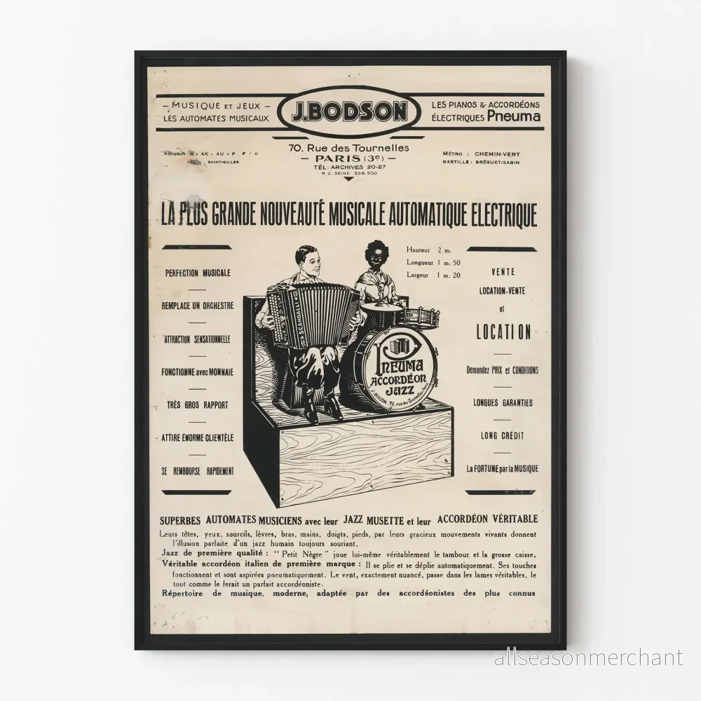 Vintageposter för elektrisk musikautomat J. Bodson