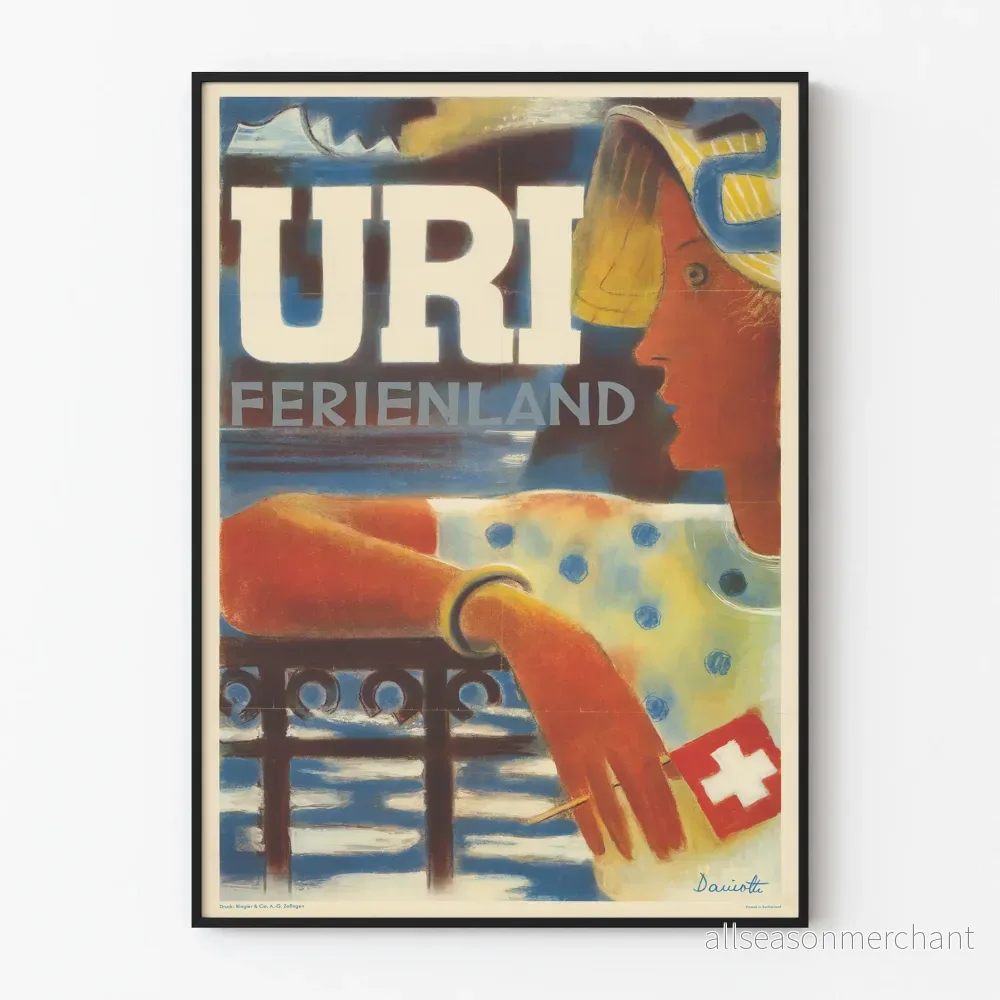 Vintageposter Uri Ferienland, dekorativ illustration av schweiziska semester