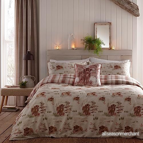 Drömmar och draperier Highland Cow påslakan super king sängkläder storlek (260 x 220 cm) mjuk 100% borstad bomull röda rutiga med kor i terrakotta 5056387777320