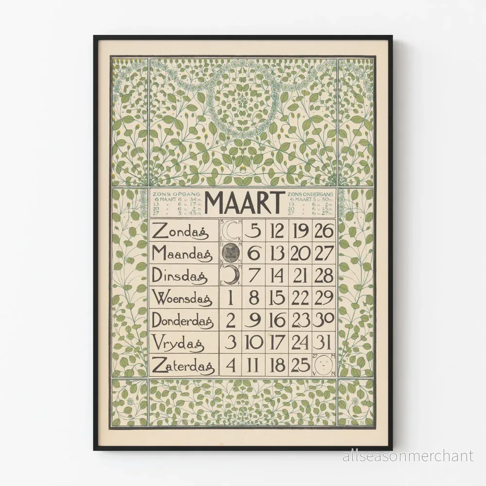 Väggposter Kalender Mars 1899 Art Nouveau med lövverk