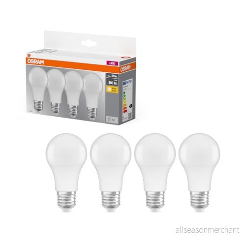 Osram LED bas klassisk en lampa, glödlampformad med E27 uttag, inte dimbar, ersättning för 60 W glödlampa, matt, varmt vit, 2700 Kelvin, 4 pack 4058075819450