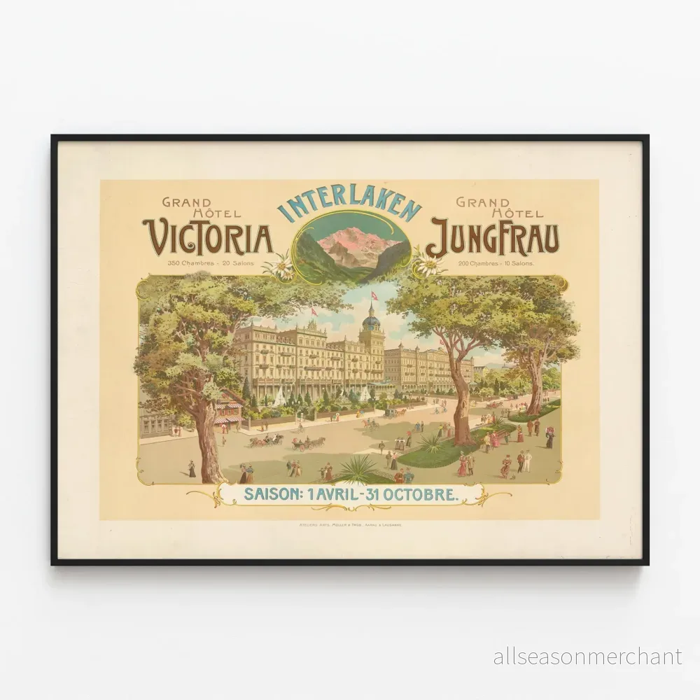 Vintageposter för Hôtel Victoria och Hôtel Jungfrau Interlaken