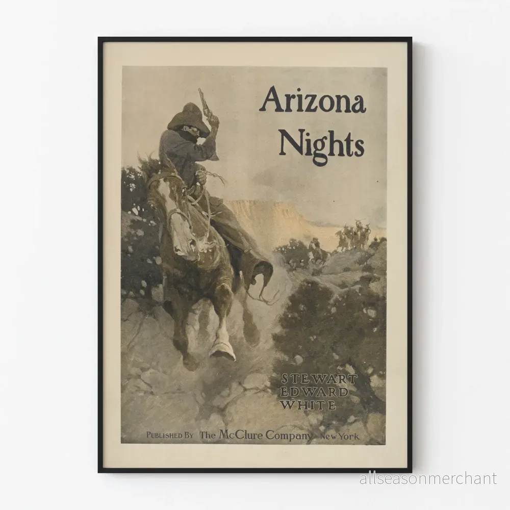 Vintageaffisch Västra Västern Arizona Nätter Kavallerist till häst