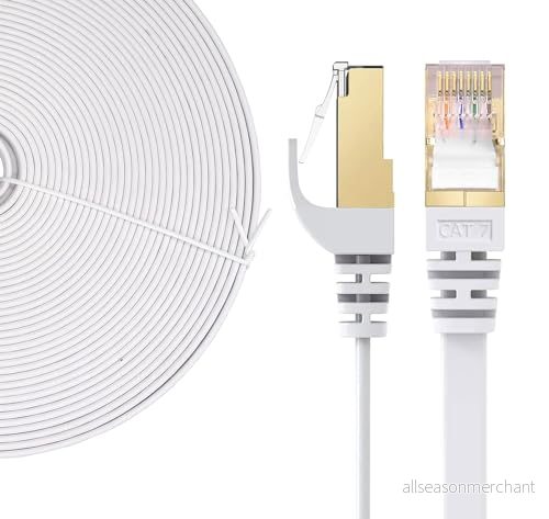 Elfcam® 30 m LAN kabel nätverkskabel katt 7 Ethernet med förgylld RJ45 kontakt platt och tunn, 100% koppar styv installationskabel, STP, 32 AWG, vit (30 m) 3701528703561