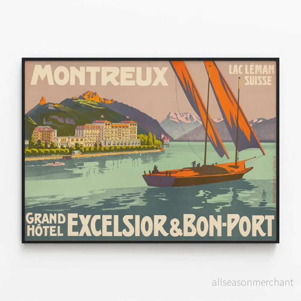 Vintageposter Montreux Grand Hôtel Excelsior & Bon-Port Lac Léman Schweiz