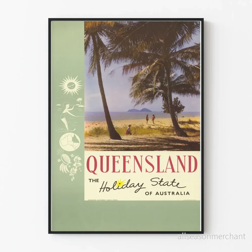 Vintageposter Queensland, den australiensiska semesterresmålet