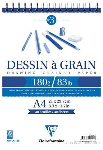 Clairefontaine 96628C Spiralblock med kornritningspapper 30 ark markerat A4 21 x 29,7 cm 180 g perfekt för blyertsteckning, filt och fusain förpackning 5 block 3663619004059