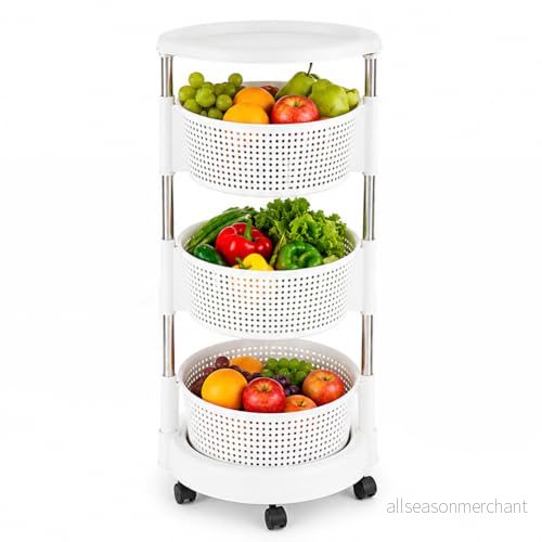BAKAJI Köksvagn för fruktförvaring med öppna korgar, utrymmesbesparande förvaring 4 svängbara hjul, stålkonstruktion och plastkorgar, perfekt kök, badrum, (3 hyllor) 8054143037722