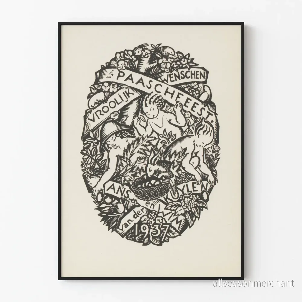 Vintage påskposter med barn, kanin och blommor - 1937