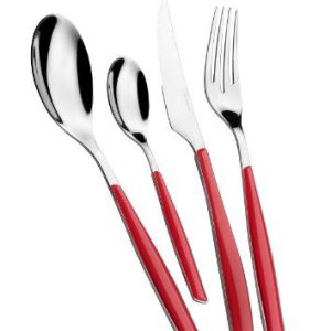 BUGATTI, Glamour, 4 delat Bestickset i rostfritt stål 18/10 och rött handtag. för 1 person bestående av sked, gaffel, kniv kaffesked 8020178895224 BUGATTI, Glamour, 4 delat Bestickset i rostfritt stål 18/10 och rött handtag. för 1 person bestående av sked, gaffel, kniv kaffesked 8020178895224