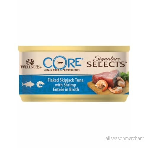 Wellness CORE Signature Selects Våtfoder för katter i buljong, spannmålsfritt, med hög kötthalt, bonito flakes och räkor, 24 x 79 g 76344106357