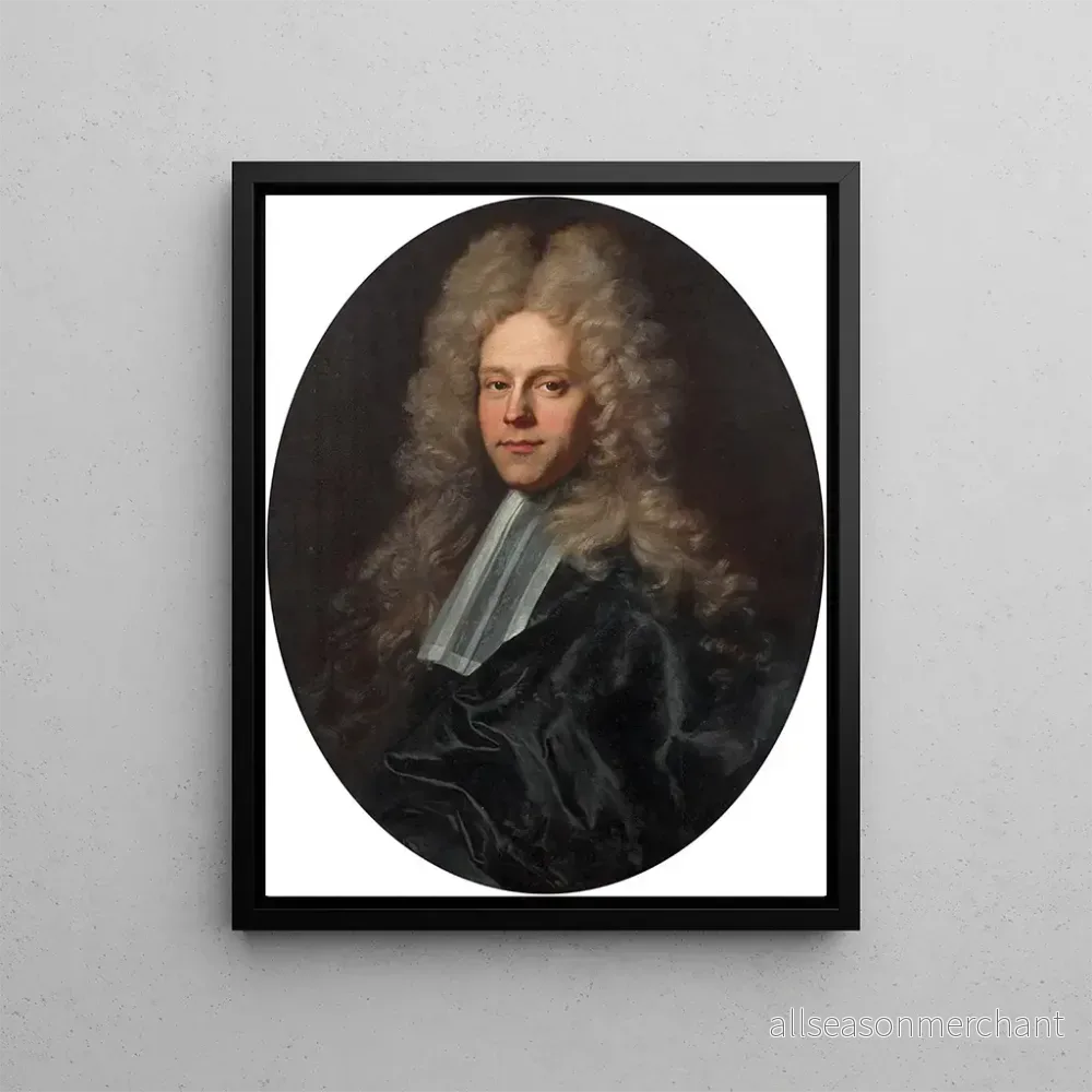 Målning av en lagman i svart dräkt och stor peruk – Hyacinthe Rigaud | Konsttryck