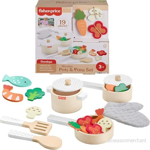 Fisher Price set med kastruller och stekpannor i trä, 19 delar trä för barn från 3 år, HXT83 194735238378