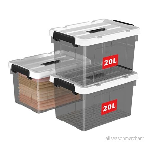 Cetomo 20 L x 3 förvaringslådor, plastförvaringslåda med lock, organiseringsbehållare handtag och säkra spärrspännen, stapelbar, kapabel, tygkorg för hemmakläder, pack, klar svart 6925801115804 Cetomo 20 L x 3 förvaringslådor, plastförvaringslåda med lock, organiseringsbehållare handtag och säkra spärrspännen, stapelbar, kapabel, tygkorg för hemmakläder, pack, klar svart 6925801115804