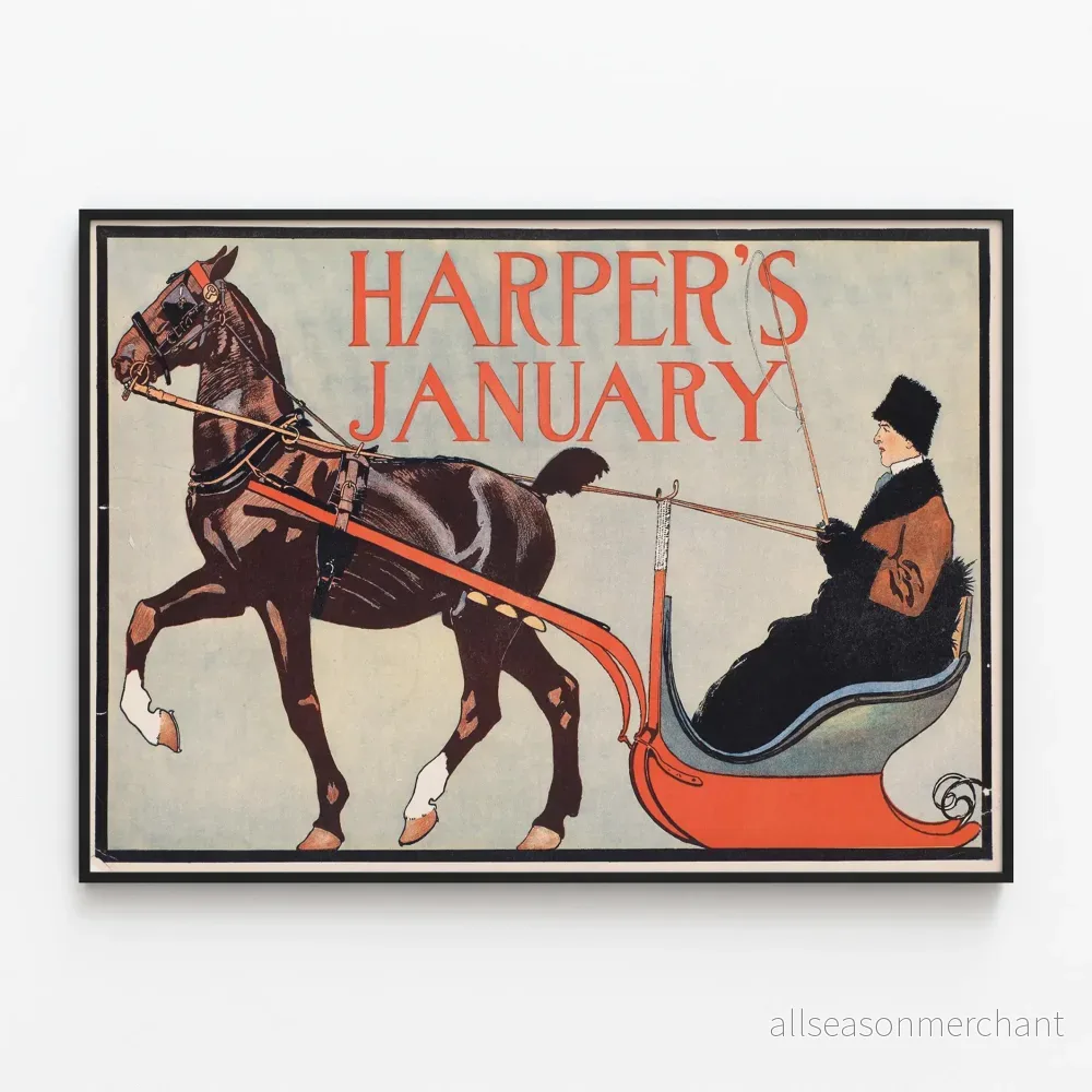 Vintageposter Harper’s januari med häst och släde Vintageposter Harper’s januari med häst och släde