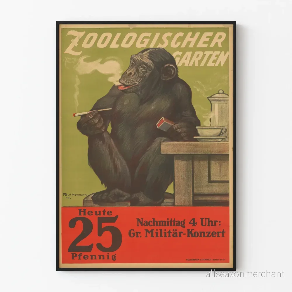 Vintageposter av Zoologischer Garten med rökande apa
