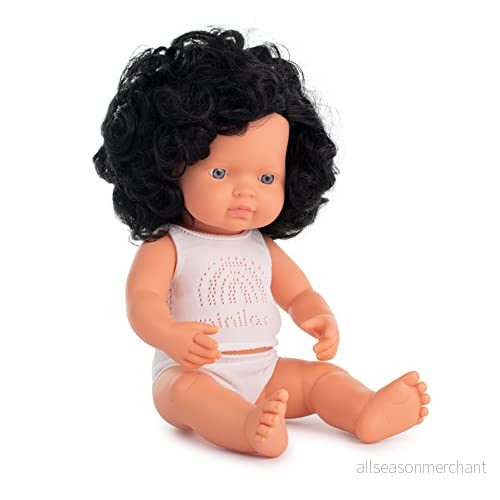 Miniland Dolls: europeisk babydocka med svarta lockar, 38 cm, tillverkad av mjuk vinyl, presenterad underkläder i presentförpackning (31262), natur 8413082312626