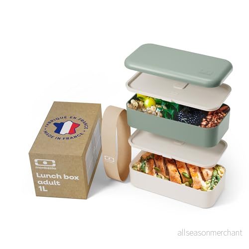 MONBENTO Bento Box MB Original Natural med fack tillverkad i Frankrike 2 nivåer läckagesäker lunchlåda för arbete/skola lunchförpackning och måltidsförberedelse BPA fri livsmedelssäker matbehållare Grön 3760192688321