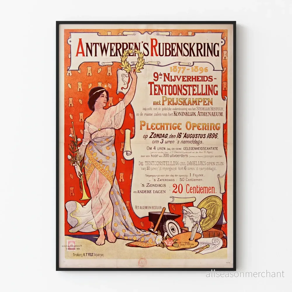 Gammal poster för 9:e industriutställningen i Antwerpens Rubenskring 1896