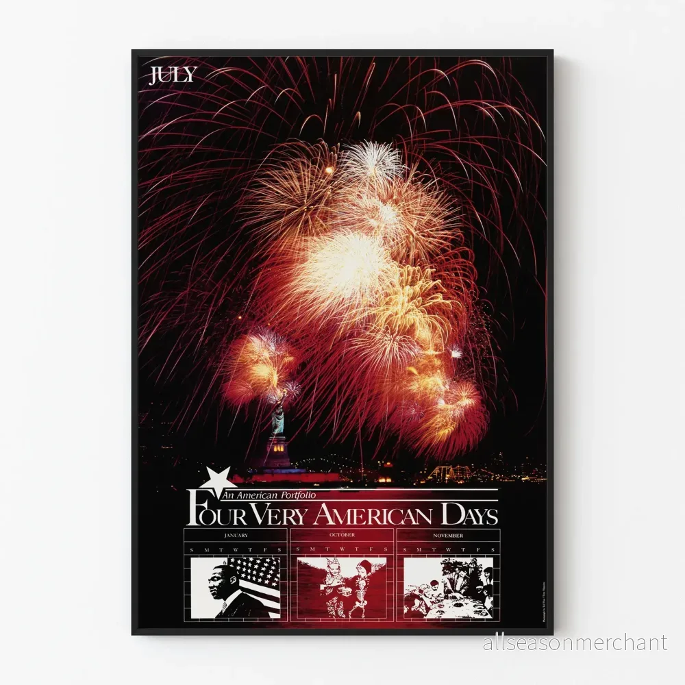 Poster för ”Four Very American Days” med fyrverkeri och Frihetsgudinnan Poster för ”Four Very American Days” med fyrverkeri och Frihetsgudinnan