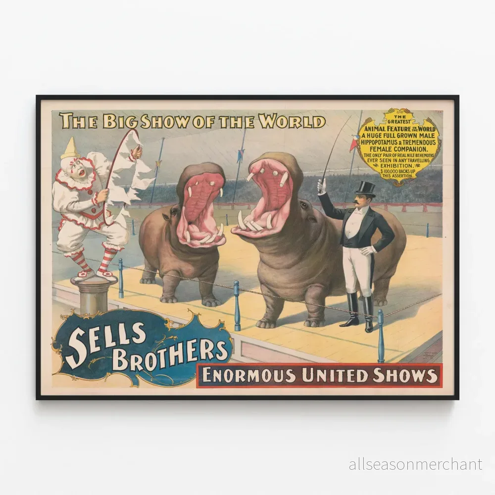 Vintage Circus Sells Brothers poster med jättelika flodhästar Vintage Circus Sells Brothers poster med jättelika flodhästar