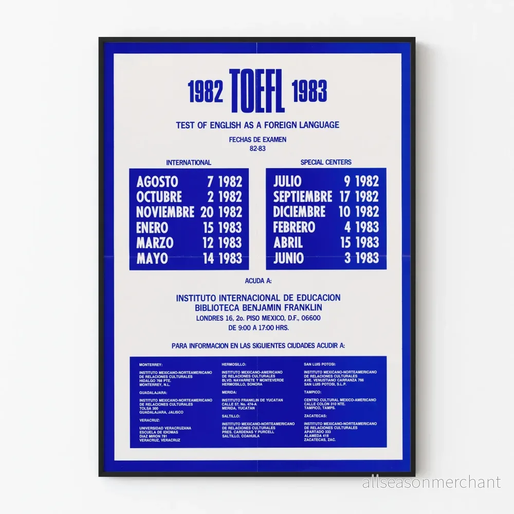 Vintageposter TOEFL 1982-1983 – Tentamenskalender i engelska