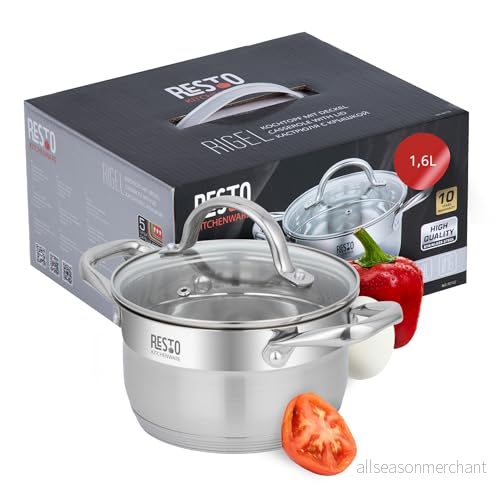 RESTO Rostfritt stål 18/10 kastrull soppgryta stekpanna för alla typer av spisar gryta med värmebeständigt glaslock, mätskala i presentförpackning (⌀ 16, h = 9,5 cm, 1,6 l) 4260403578865