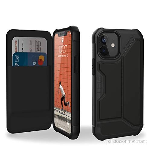 URBAN ARMOR GEAR UAG iPhone 12 Mini 5G (5,4 tum) flip folio fodral med kortplatser och visningsstativ fjäderlätt robust metropolis skyddsfodral, SATN ARMR svart 812451036558
