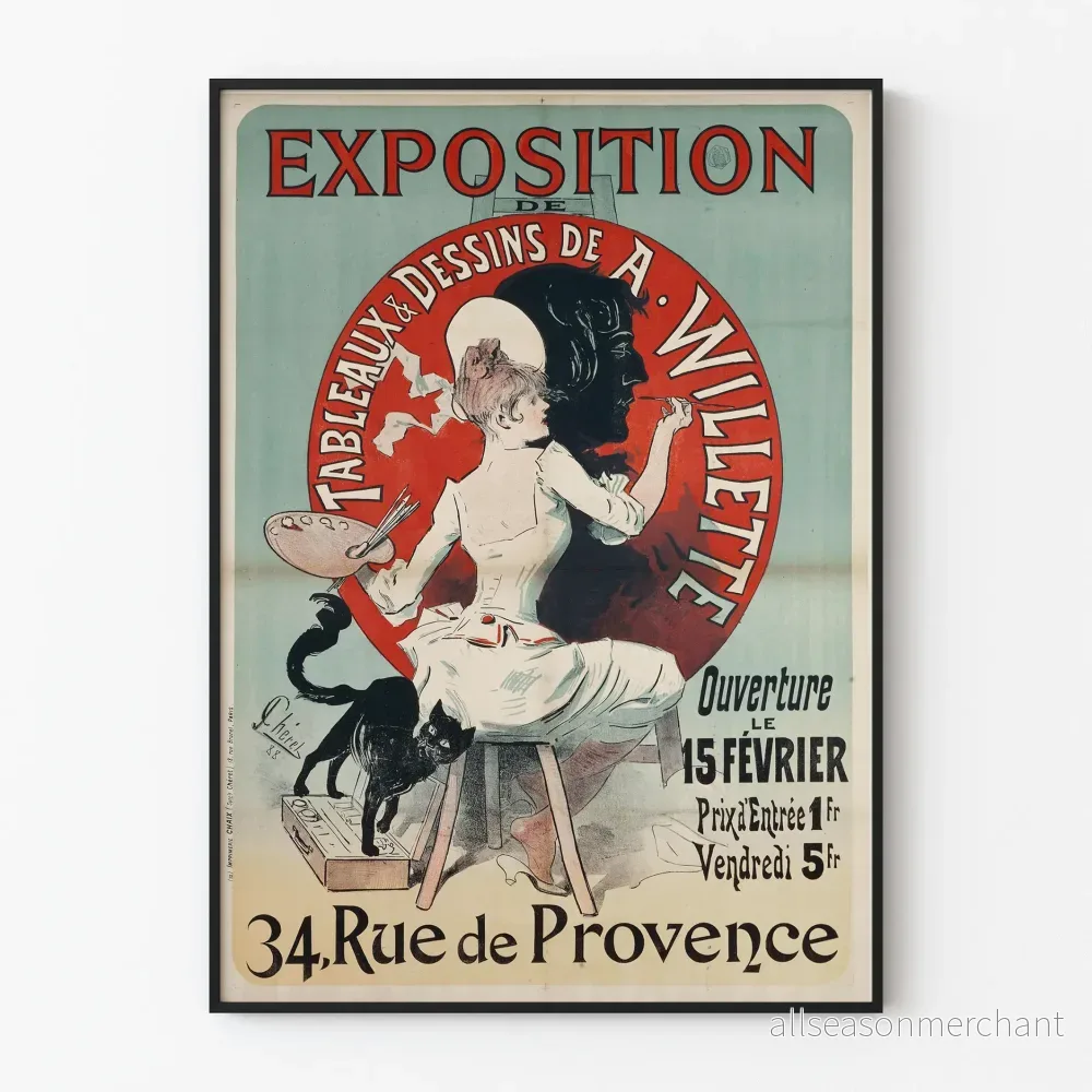 Vintageposter för utställning av målningar och teckningar av A. Willette