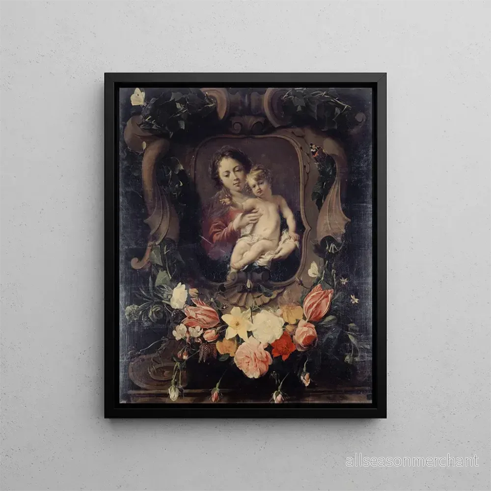 Målning Vierge à l’enfant dans une couronne de fleurs – Daniel Seghers | Konsttryck