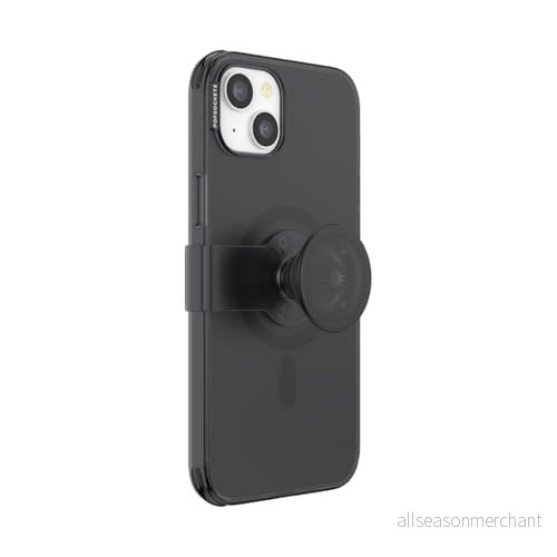 PopSockets iPhone 14 Plus skal med mobiltelefongrepp och glidhållare, kompatibel MagSafe, lämpligt för trådlös laddning, svart genomskinlig 840173726730