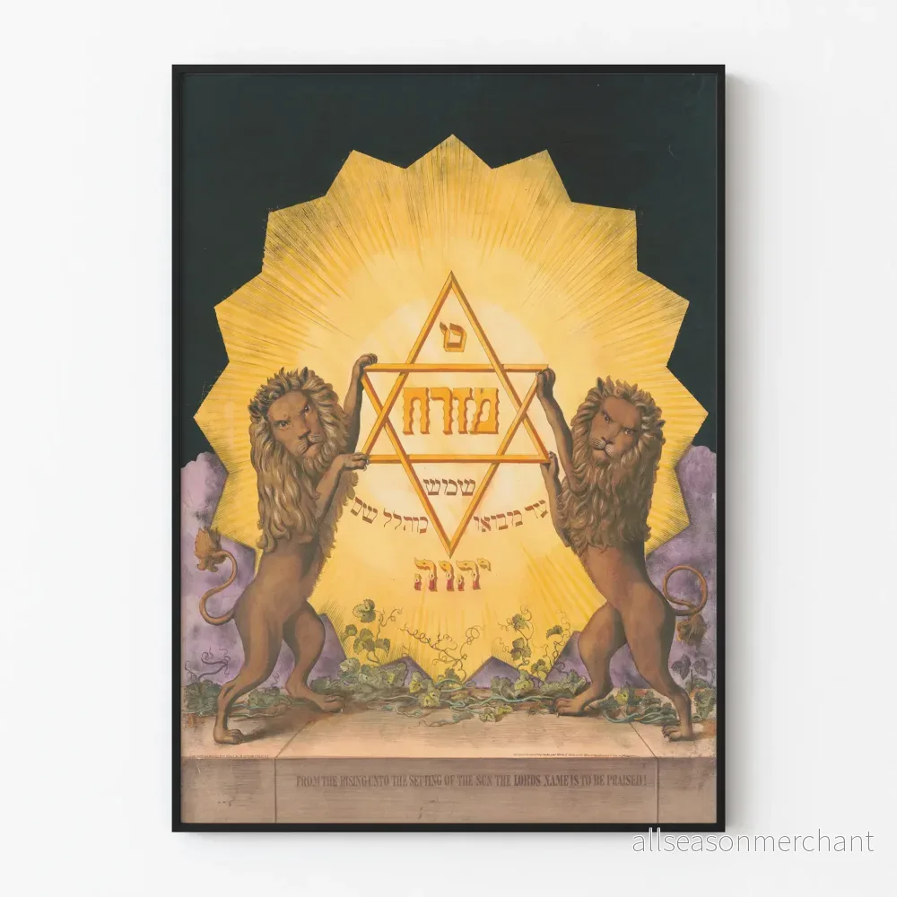 Symbolisk poster med lejon och glittrande Davidsstjärna