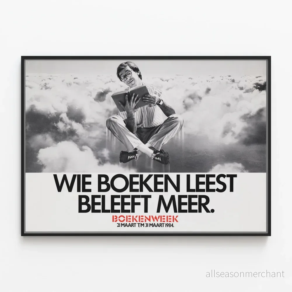 Vintageposter med flytande läsare bland molnen - Inspirerande väggdekoration