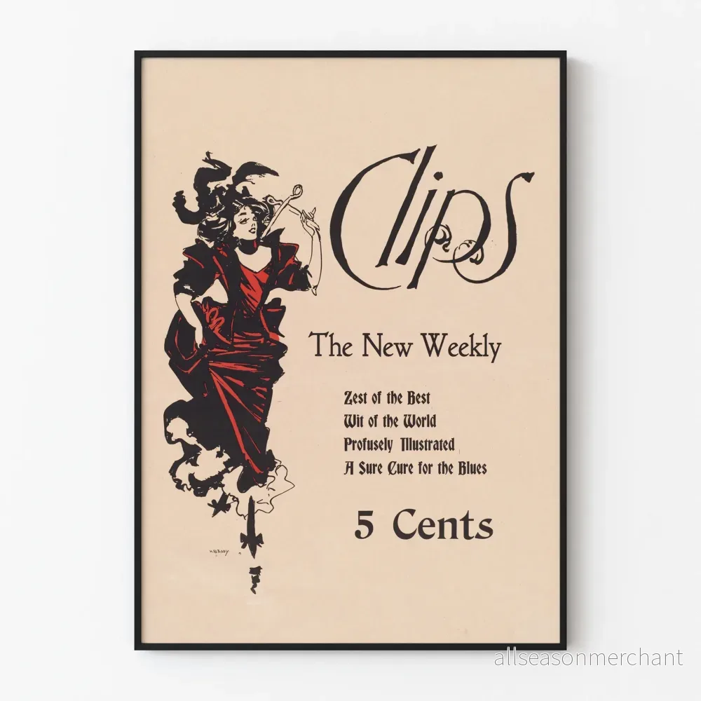 Vintageposter 'Clips The New Weekly' teckning av en elegant kvinna i rött