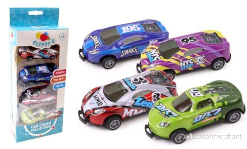 FLYPOP'S 4 Crash Racing Cars Friction Vehicle 022887 flerfärgad metall Barnleksak Gåva Miniatyr Fordon 9 cm Från 3 år 3301040228872