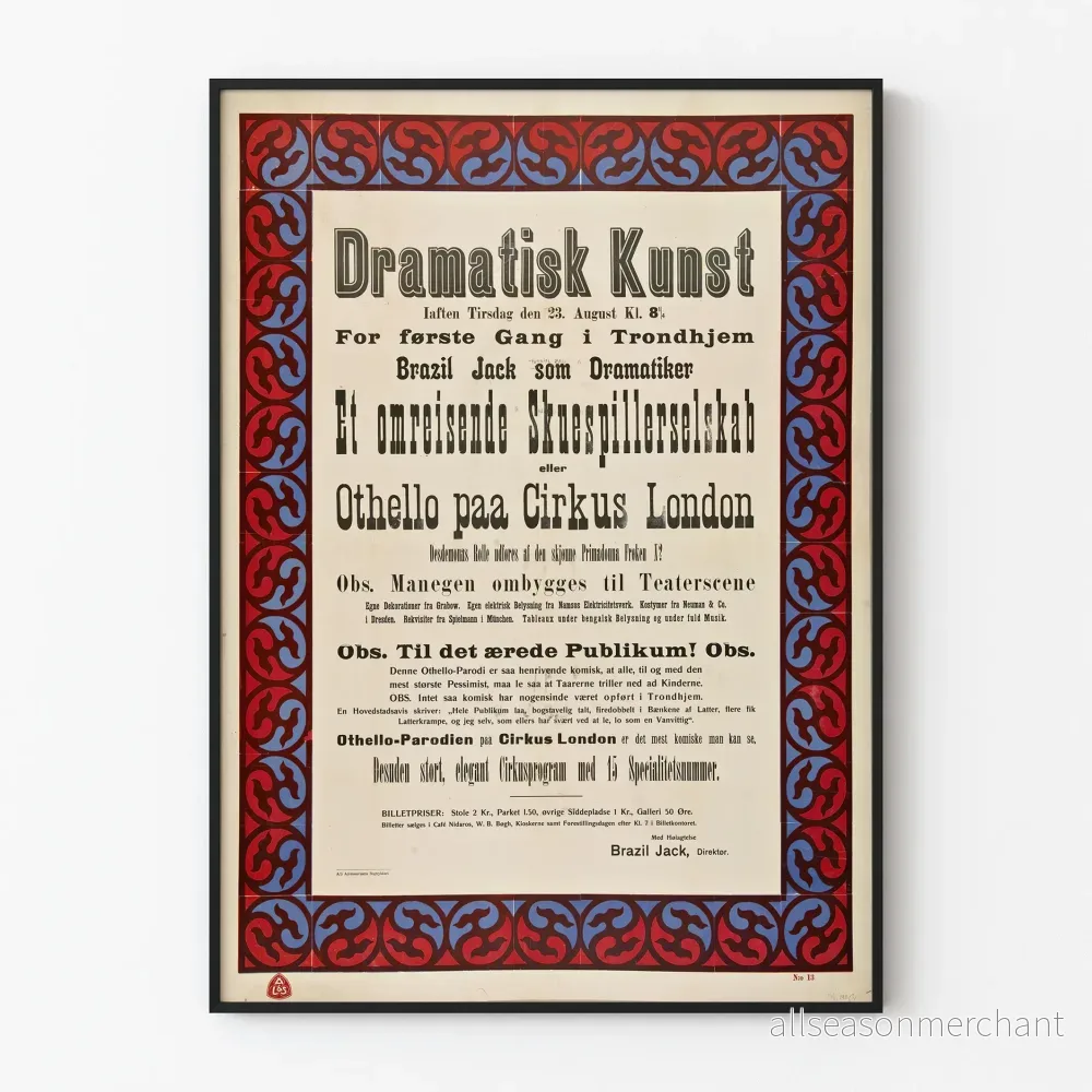 Vintageaffisch för teater, dramatisk konst med ornamentram