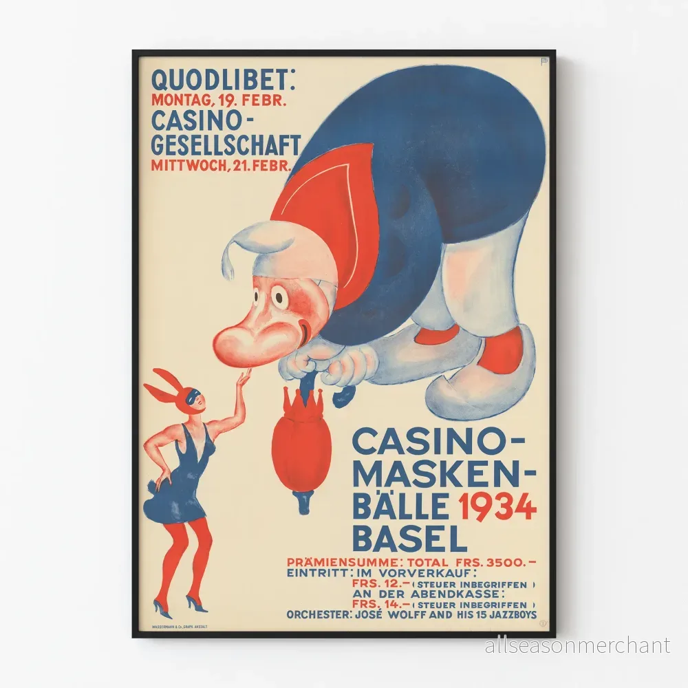 Vintageposter Casino Maskenbälle 1934 Basel Art Déco-stil