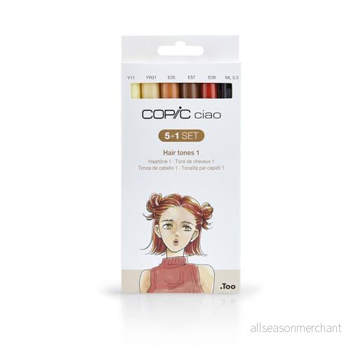 COPIC Ciao färgad markörpenna 5 + 1 set hårtoner 1, för konst & hantverk, färgning, grafik, överstrykningspennor, design, anime, professionella och nybörjare, konsttillbehör målarböcker 4013695265322