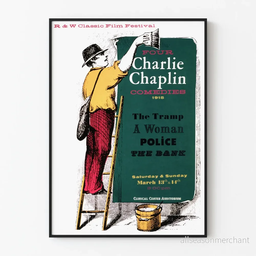 Vintageposter med fyra Charlie Chaplin-komedier 1915