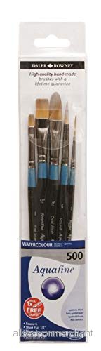 Daler Rowney Aquafine akvarellborste, mjukt syntetiskt hår, kort handtag, rund, oval tvätt, platt, riggare och platt skuggare, plånbok, set 500, 5 blandade borstar 5011386099187