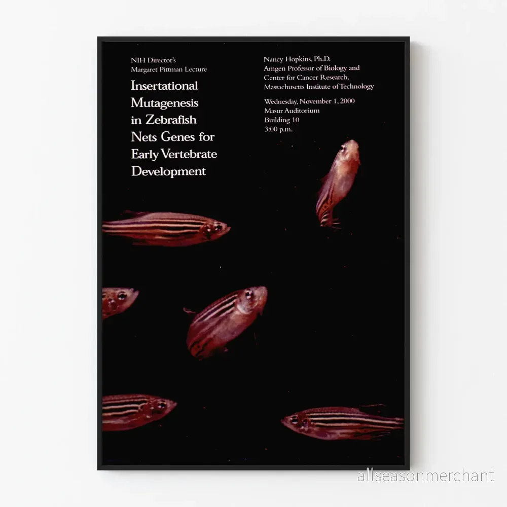 Vetenskaplig dekorativ poster med zebrafiskar och text om mutagenes