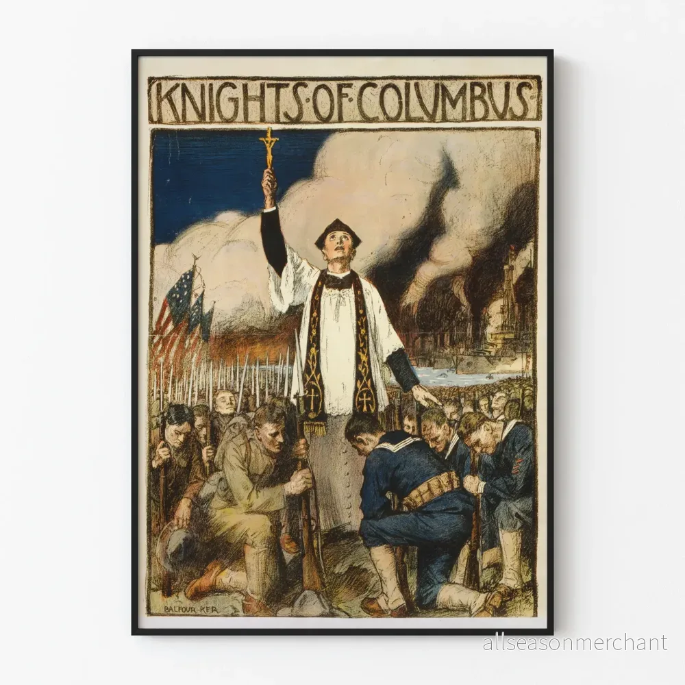 Vintagemurposter av Knights of Columbus med bönefulla soldater