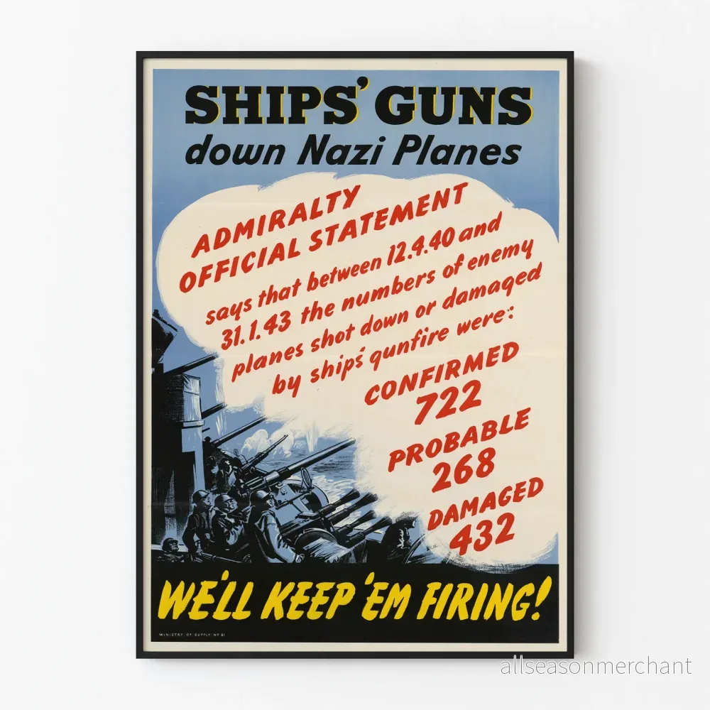 Vintage militär engelsk poster - Fartygs kanoner mot nazistflygplan