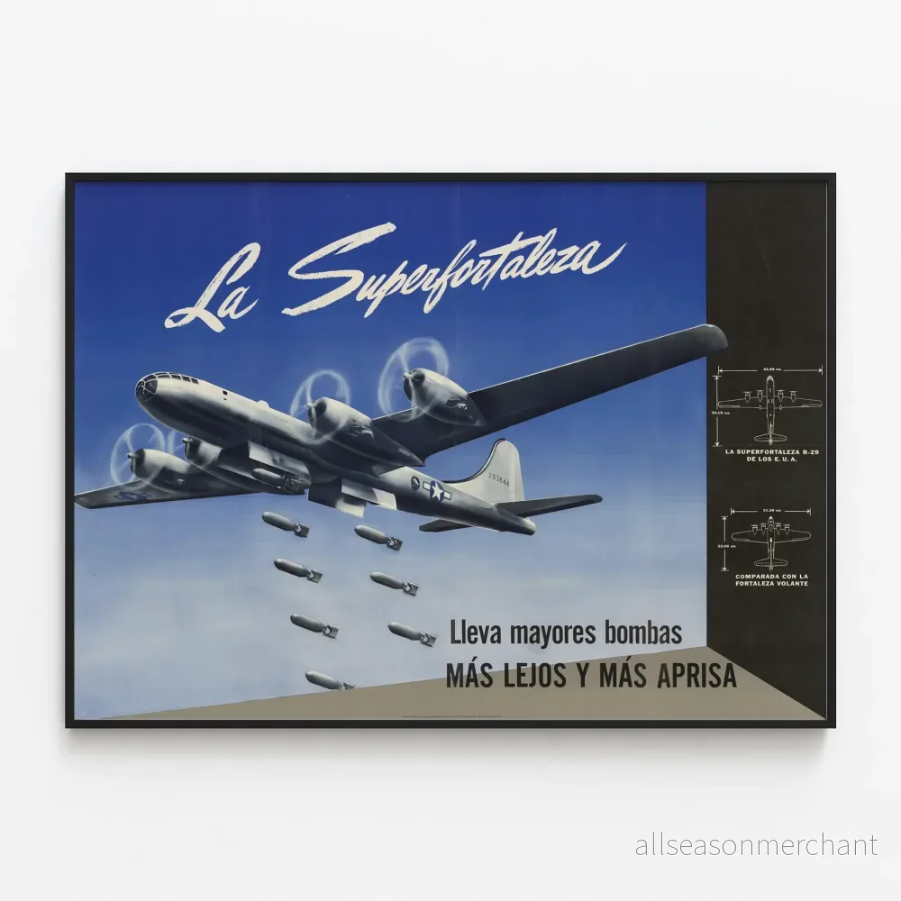 Vintageposter av flygplanet La Superfortaleza B-29 i flygning