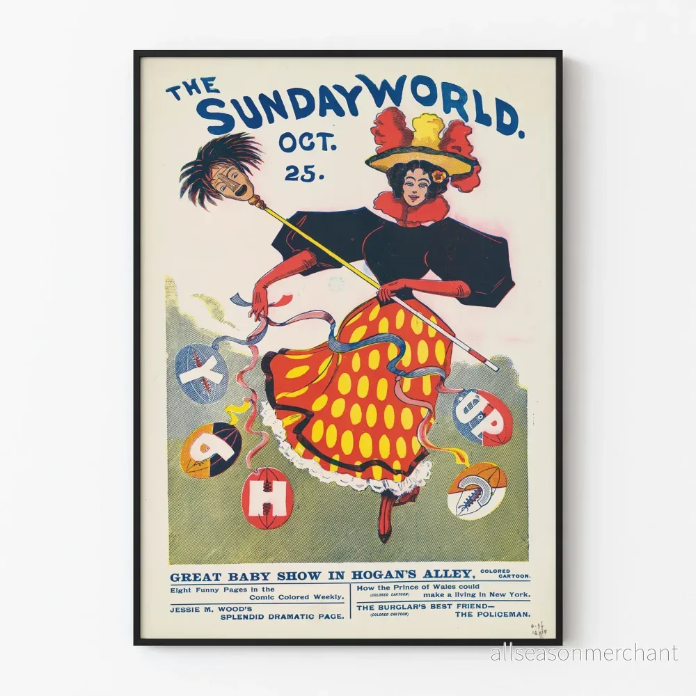 Vintageposter The Sunday World med kvinna i färgglad klänning och fotbolls-mönster