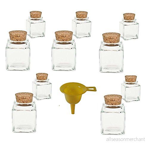 10#26830# mini kryddburkar 50 ml/glasburkar med korkstängning för kryddor, salt, gästgåvor, etc. inkl. en gul påfyllningstratt 4250629926830